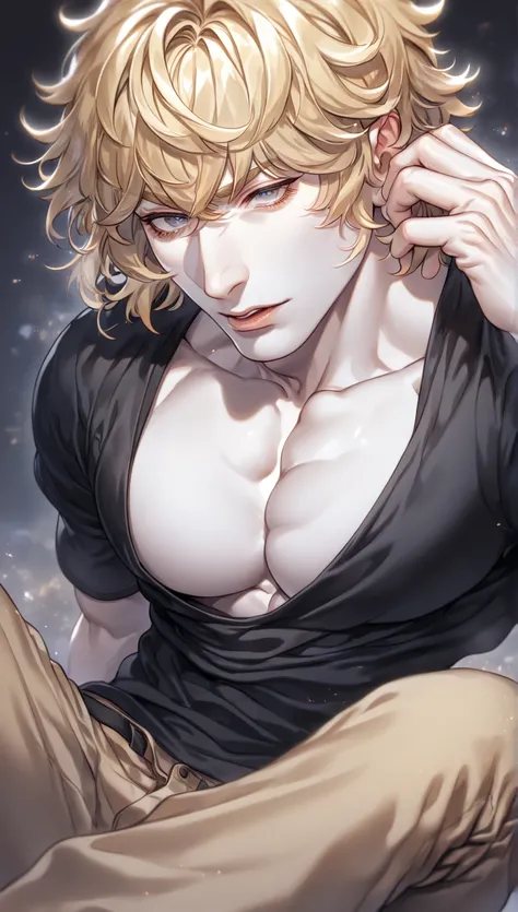 Ultra detailed, highres, absurdres, HDR, master piece, blond hair with bangs, white eyelashes, expressive grey eyes, bare chest, toned chest, wearing baggy black shirt, sexy man sitting, pants, handsome, best quality, fantasy, magical, lewd, horny, sensual...