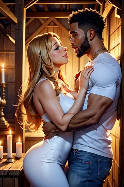 A romance novel cover showing Mariah Carey and African American singer Jason Derulo engaging in a steamy kiss inside a candlelit barn. Both are clothed for the summertime. Jason wears a loose and light white shirt and jeans. Mariah wears a yellow sleeveles...