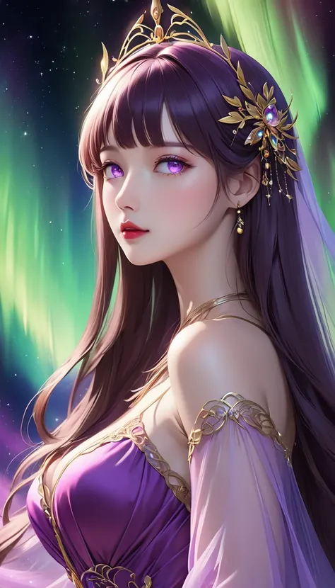 One woman, aged 20、Goddess Athena、 pink and purple silk dress 、美のGoddess Athenaの顔は完璧、 1 beautiful thin red silk half veil,  Dark and mysterious version、 red lips、Pure and perfect face、Round Breasts、 straight bang 、Light chestnut long hair、 Beautiful Clear ...