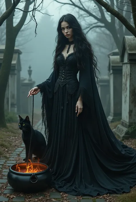 A witch dressed in black,  pretty woman, on a cruise, inside the cemetery, fiddling with your iron cauldron,  In the company of your black cat