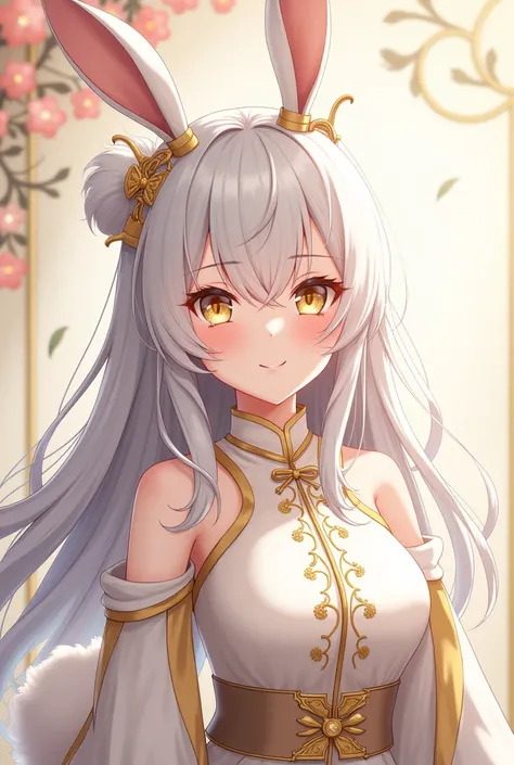 ( top quality,  Better quality,  official art  , beautiful and aesthetic :1.2) female anime, rabbit woman, cute girl,  long white hair ,  hair over the right eye,  golden eyes,  rabbit ears, white pompous tail , Chinese white and gold clothes,  smiling.
