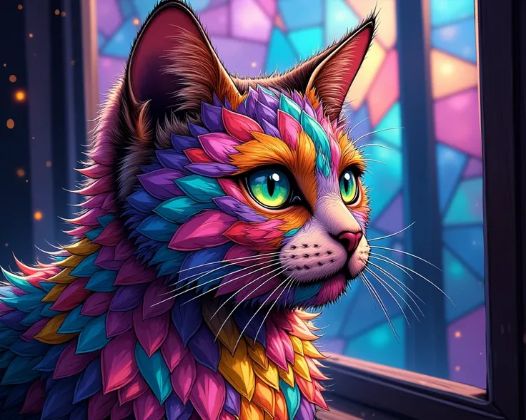 painting of a Cat with a colorful face and eyes, Colorful Faces and Eyes , gem, squishy, Fluffy, cute, Stained Glass, Digital Painting    very detailed from outside the window,  very detailed from outside the window   Digital Painting  , Cat.   Digital Pai...