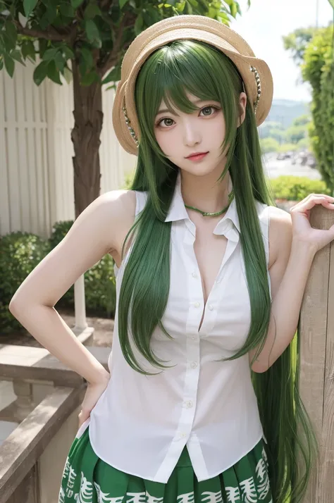 
(kochiya sanae(touhou)),green eyes,green long hair,(gigantic breasts),single hair tube,snake hair ornament,frog hair ornament,single sidelock,bare shoulders,white collared shirt,sleeveless shirt,detached sleeves,white shirt,white sleeves,sleeveless,nsfw