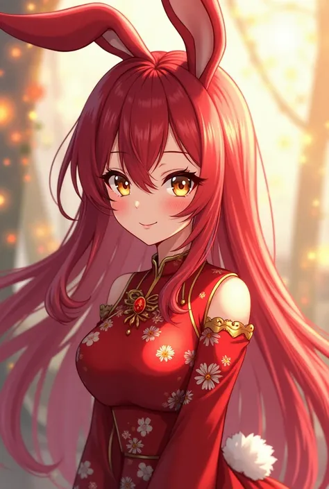 ( top quality,  Better quality,  official art  , beautiful and aesthetic :1.2) female anime, rabbit woman, cute girl, long red hair,  hair over the right eye,  golden eyes,  rabbit ears, red pompous tail ,  red and gold Chinese clothes,  smiling.
