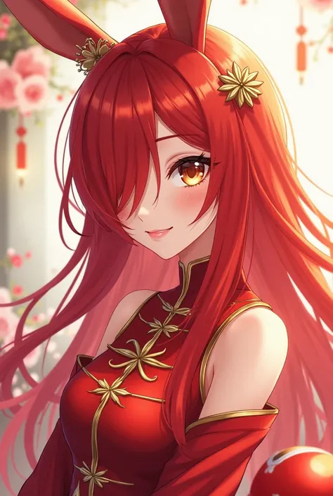 ( top quality,  Better quality,  official art  , beautiful and aesthetic :1.2) female anime, rabbit woman, cute girl, long red hair,  hair over the right eye,  golden eyes,  rabbit ears, red pompous tail ,  red and gold Chinese clothes,  smiling.
