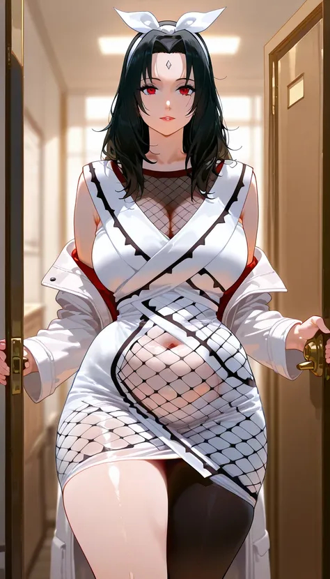 ((best quality)), ((masterpiece)), (detailed), kurenai, hot and sexy nude woman  having massive boobies and thick thighs, voluptuous figure, belly folds, chubby body, mature woman,  black hair , red eyes,head band,looking at viewer , bent body, wide hips, ...