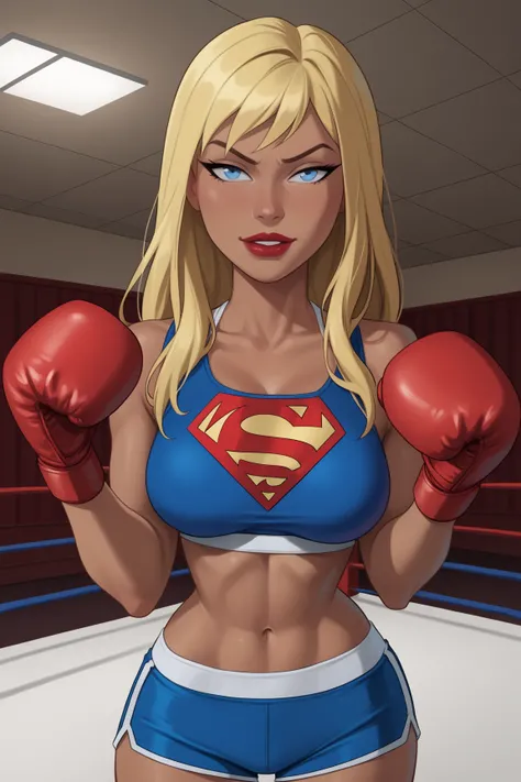 PonyXLV6_Scores BREAK ((parody), perfect anatomy, perfect eyes, cowboy shot) BREAK kara zor-el, long hair, blonde hair, blue eyes, dark-skinned female, lipstick, red lips, flirting, raised eyebrow, half-closed eyes, ((looking at viewer)), superhero, midrif...