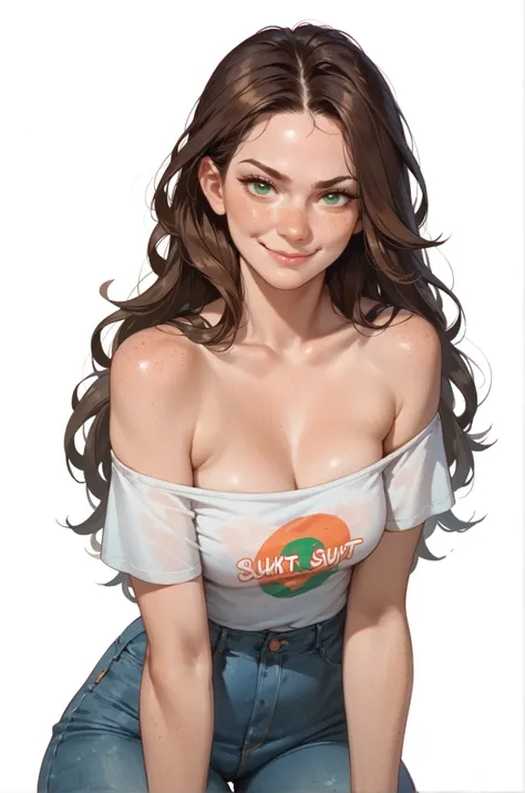 1girl, sexy, seductive, slutty, green eyes, freckles, closed mouth, smirk, brown hair, long hair, jeans, off-shoulder shirt, subtle cleavage, small breast, wide hips, white background, (cartoon style)