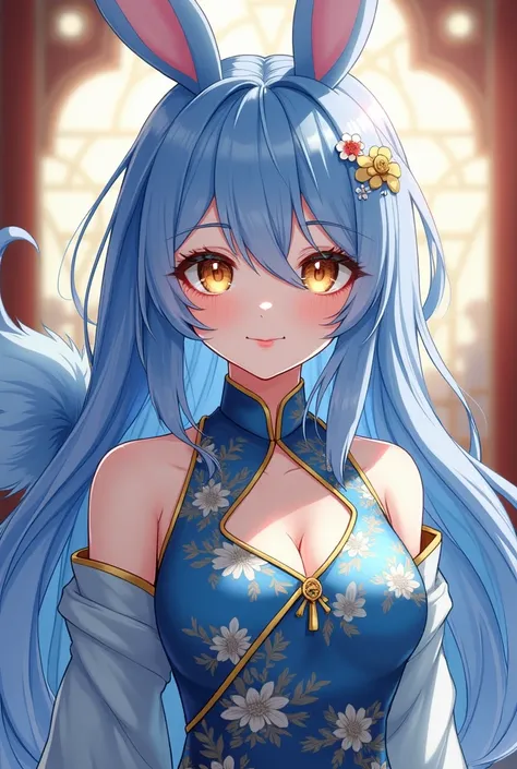 ( top quality,  Better quality,  official art  , beautiful and aesthetic :1.2) female anime, rabbit woman, cute girl,  long blue hair ,  hair over the right eye ,  golden eyes,  rabbit ears, pompous blue tail ,  blue and gold Chinese clothes,  smiling.
