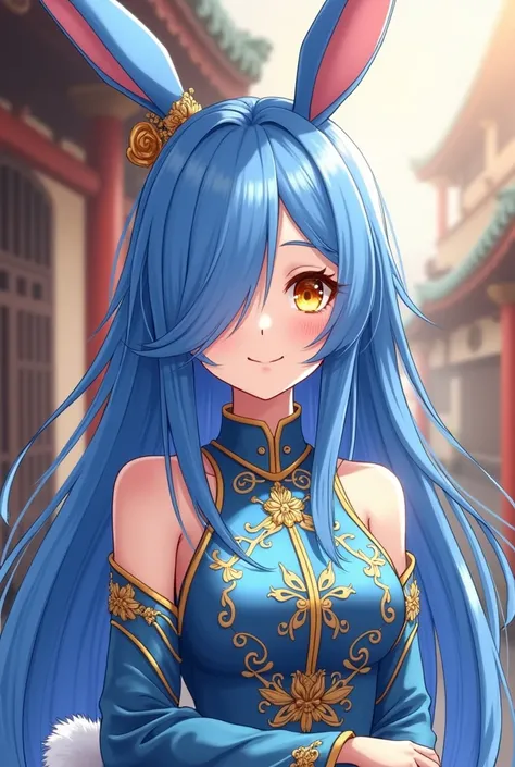 ( top quality,  Better quality,  official art  , beautiful and aesthetic :1.2) female anime, rabbit woman, cute girl,  long blue hair ,  hair over the right eye ,  golden eyes,  rabbit ears, pompous blue tail ,  blue and gold Chinese clothes,  smiling.
