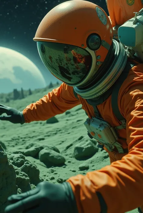  Close-up image in focus of a man dressed as an astronaut in an orange suit walking on the surface of a rocky planet in dark space, Do you have one of your arms stretched out trying to hold something ,  Perfect and detailed hands  ,  the helmet with a mirr...