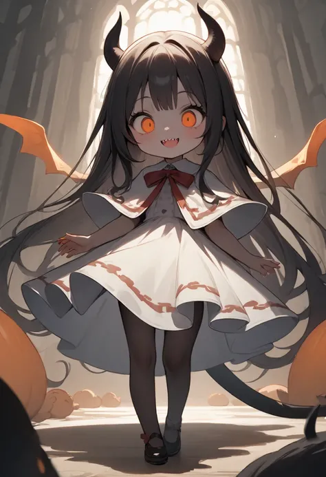 (masterpiece,best quality:1.2),Hzk,8k,wallpaper of extremely detailed CG unit,Alone,a cute thin devil girl\(little devil horns:1.2,long dark brown fluffy elegant hair,big  eyes:1.2,Orange eye,curious eyes,smile,open her mouth,can see sharp teeth),Long, sle...