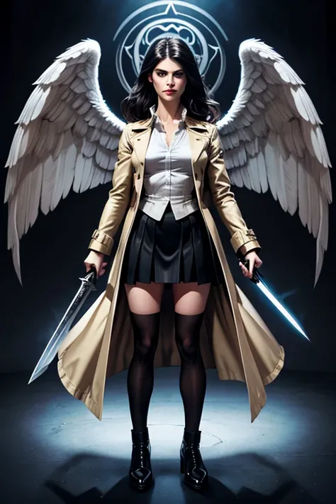 Alexandra Daddario as Castiel in "Supernatural". Alexandra wears a beige longcoat and a white blouse and a black knee-length ruffled skirt and black stockings and black high-heeled shoes. Alexandra wears lovely makeup. A black astral-projected image of lar...