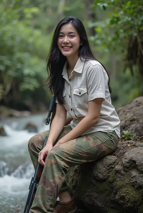 thai actress age 25,smart,beautiful,black long hair,smile,สวมชุดเดินป่า,dirty white shirt, holding hunter riffle,นั่งบนโขดหินริมลำธาร,primeval forest,movie picture style