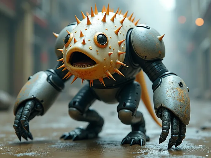 The face is a pufferfish, the face has thorns, and the body is a robot. Arms and legs door