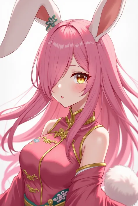 ( top quality,  Better quality,  official art  , beautiful and aesthetic :1.2) female anime, rabbit woman, cute girl, long pink hair,  hair over the right eye ,  golden eyes,  rabbit ears, pompous pink tail ,  pink and gold Chinese clothes,  smiling.
