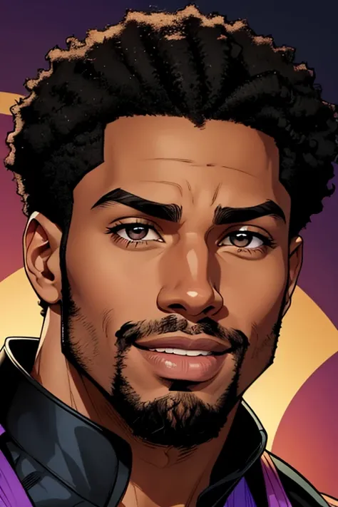 A handsome and pleasant-faced African American male whose facial features are a combo of Jason Derulo + Charles Michael Davis. The male has curly hair. Symmetrical eyes. Symmetrical face. Muted comic tones. Smooth gradients enhance the polished comic effec...