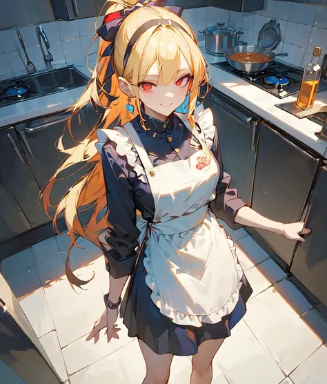  high resolution,  Masterpiece, detail, 高detail,  high quality,  very detailed,  Ultra HD, long hair,  Blonde Hair, Bangs, 中等long hair,  High Ponytail, earrings, Smile, red eye, hair band, ribbon, cartoon, cartoon風格, Kitchen Apron, Small individuals、 full ...