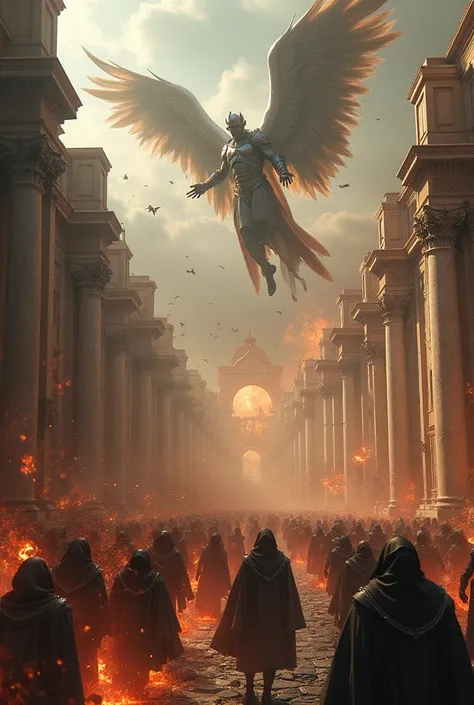  Photograph of an apocalyptic war between angel warriors and demon warriors, in a futuristic era,  The scene is in the Vatican  