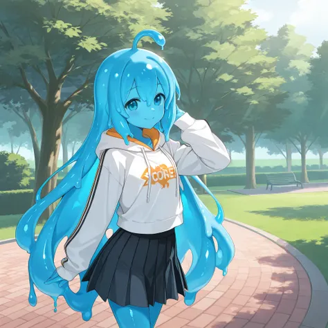 masterpiece, best quality, slime girl, smile, hoodie, skirt, blue skin, slime hair, park