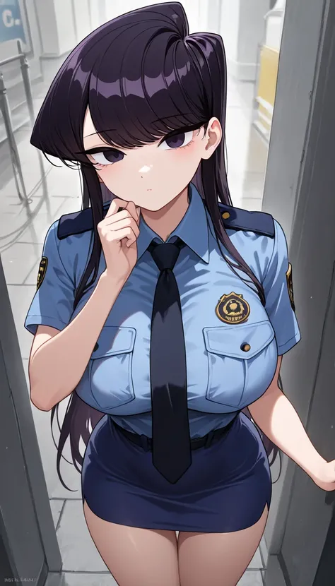 masterpiece,best quality,newest,absurdres,highres,komi_shouko,1girl, black eyes, purple eyes, long hair, black hair, large breasts, 
police uniform, blue skirt, miniskirt, necktie