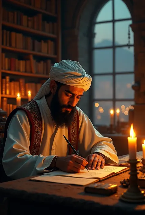 A young muslim scholar is writing at night in Baghdad.