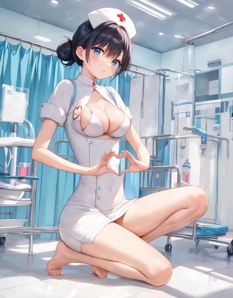 ( high quality: 1.3), (  is present: 1.3), ((  super high resolution)), 8k, ((Masterpiece, 最 high quality,  high quality)),  one girl,  hospital examination room ,  beautiful , (( Black short hair ,  bun hair for your toes ,  great style )), (((Female nurs...