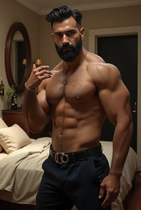 A highly muscular and well-defined Indian male model with a perfectly sculpted, toned physique,fair complexion. His broad, hairy chest, chiseled abs, and strong, defined arms radiate power and raw sex appeal. His muscles appear naturally toned and highly r...