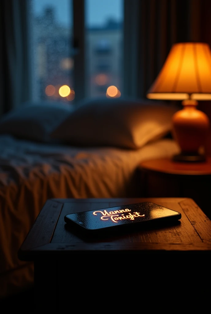 "A dimly lit, cozy bedroom at night with a wooden nightstand beside a bed. On the nightstand, a smartphone lies face-up, its screen glowing softly with the words 'Wanna Talk Tonight' displayed in an elegant, rounded font. The warm light from a bedside lamp...