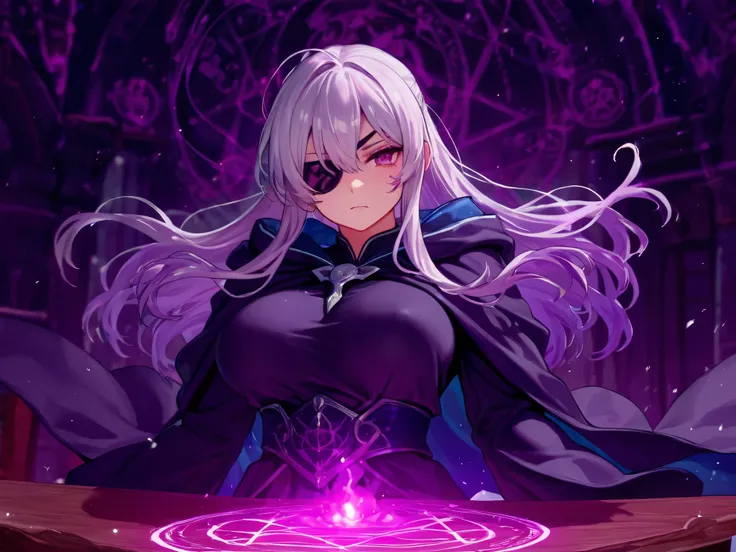  1 adult female, long hair, purple hair, Eye patch on left eye,wizard,Robe, table,Seated ,Magic circle,masterpiece, top quality