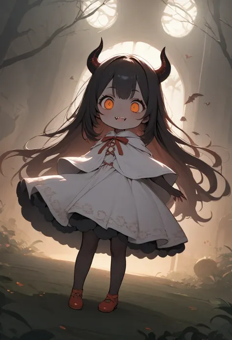 (masterpiece,best quality:1.2),Hzk,8k,wallpaper of extremely detailed CG unit,Alone,a cute thin devil girl\(little devil horns:1.2,long dark brown fluffy elegant hair,big eyes:1.2,Orange eye,curious eyes,smile,open her mouth,can see sharp teeth),Long, slen...