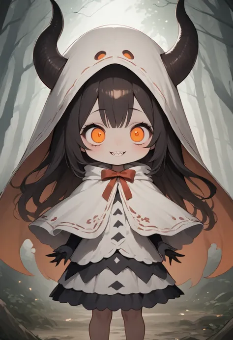 (masterpiece,best quality:1.2),Hzk,8k,wallpaper of extremely detailed CG unit,Alone,a cute thin devil girl\(little devil horns:1.2,long dark brown fluffy elegant hair,big eyes:1.2,Orange eye,curious eyes,smile,open her mouth,can see sharp teeth),Long, slen...