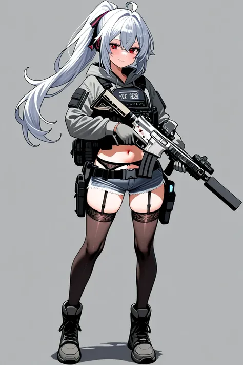 A tactical anime-style adult female soldier wearing tactical gear with a glamorous figure with sex appeal。Tie your silvery hair into a short ponytail、 has red eyes 。 has a confident and seductive look 。 equip it with black tactical armor over a gray hooded...