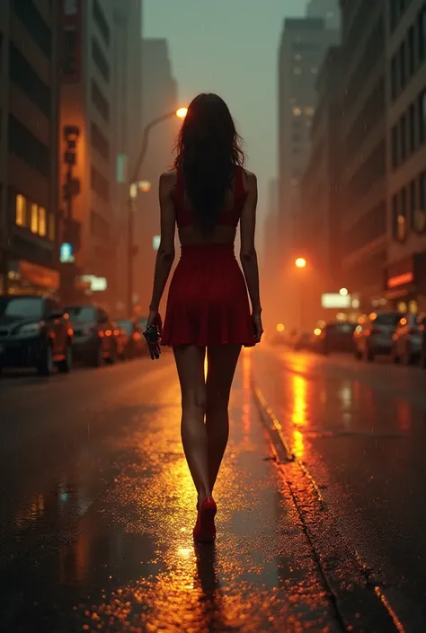 Woman alone in short red dress on a street raining backlights and pools of water on the floor 