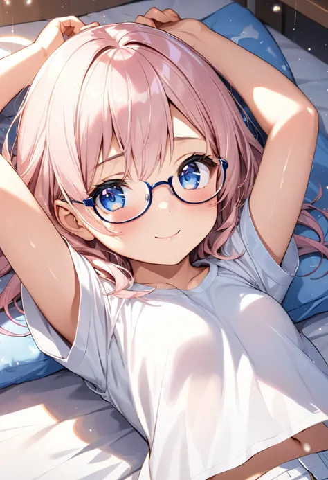 armpit ,arms raised in the air , rimless glasses ,naughty face,crinkly eyes , bust up ,Bed, lying down, very beautiful face ,loli,Loose fit White T-shirt ,plain shirt,shorts,indoor, small breasts ,curvy, Shiny hair, light particles ,｛Elementary school stud...