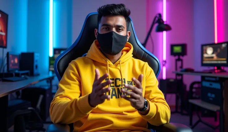 An Indian man sitting confidently on a modern gaming chair in his YouTube studio. He is wearing a bright yellow hoodie with 'TECH PANCHU boldly printed on it.

His face is clearly visible and expressive despite wearing a sleek black COVID-19 mask. The man ...