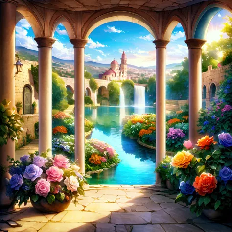 Fantastic - Painting Style Waterfall Soft painting style Brightly colored Bright light a wonderful heavenly garden, rainbow reflected on a splendid river valley of eden sea a wonderful valley,Morning sun, river, rose, pastel pink path, beautiful atmosphere...