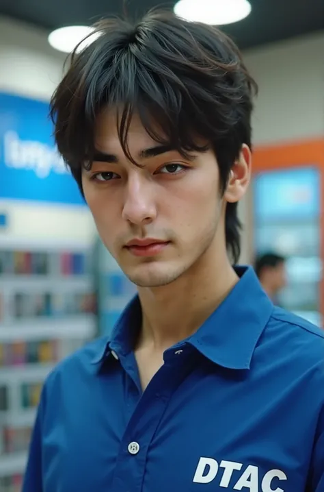 A handsome Japanese young man wearing a blue collared shirt with a DTAC logo. The background is a mobile phone store. He has a mullet hairstyle, a high nose bridge, double eyelids, a well-defined jawline, and brown eyes.
