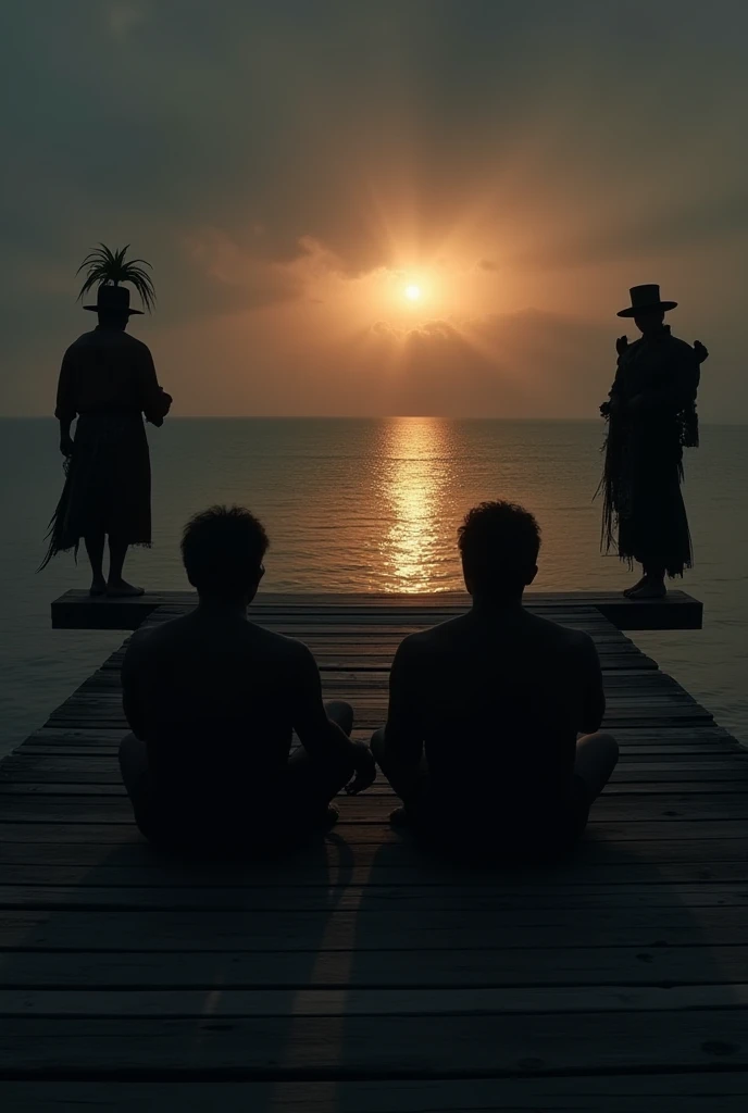 Two silhouettes on a pier sitting on their backs, Trap artists with exotic costumes watching the sun hide behind the sea in a dark photo