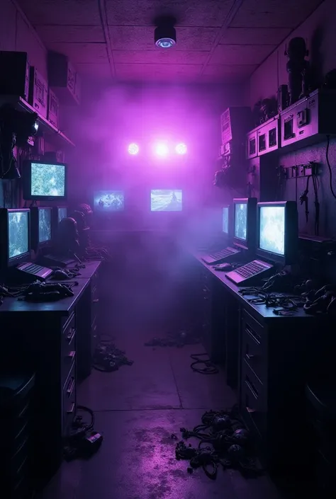 a small storage room with security monitors and there's some animatronic parts and with some mysterious eerie dark purple fog 
