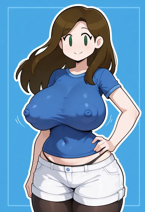  high resolution,  top quality,  Masterpiece,   blue background  ,   white outline, 
Alone,  1 girl, Sdlggy,  wind parody ,  brown hair,  GREEN EYES,  long hair,  big breasts, , ( puffy nipples ),  erect nipples. blue shirt, Short sleeve,  white shorts,  p...