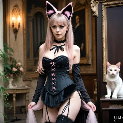  1 girl,  slim ,  pink straight long hair, zopf , Cat ears,  masterpiece ,  anatomically correct  , UHD,  Super detailed , further away , knee-high boots, long arm warmers , Black corset wedding dress ,  realistic  , hut,,  small breasts,  View creator; 
