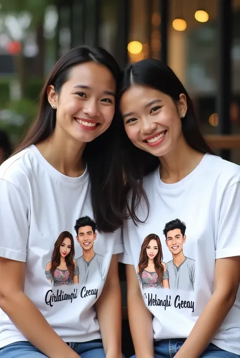 Beautiful Indonesian Lovers,  sat side by side with warm smiles, both wore white t-shirts with a QIARA ARDIANSA GEUAY themed design featuring writing and pictures on their t-shirts, There is an illustration of a couple that looks harmonious.,  the handsome...