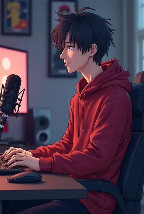 Create a anime boy who have a  mature looking like a man facing in front  he is a  YouTube content creator, sitting in his studio with futuristic gadgets, and there is mic near him ,wearing red hoodie, smiling, and there is 2 posters of naruto in his room"...