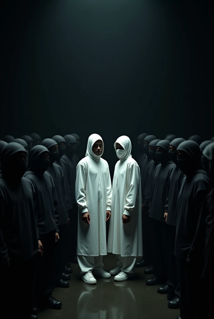 A photo full of characters like in the Kendrick video all in black and that only two people are in white with a black background and that the light only focuses on them, all with balaclavas 