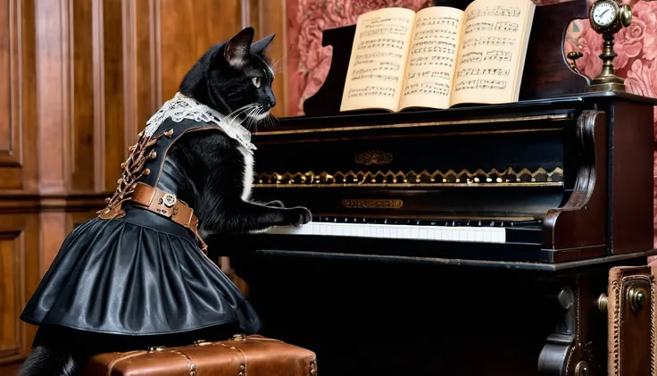  An image featuring cat in a Victorian gown adorned with gear and cog embellishments, A cat is playing the piano with its paws,paired with lace-up boots and a vintage leather satchel, capturing the artistic steampunk craftsmanship.