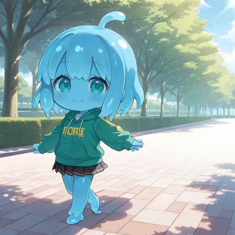 masterpiece, best quality, slime girl, chibi, smile, hoodie, skirt, blue skin, slime hair, park