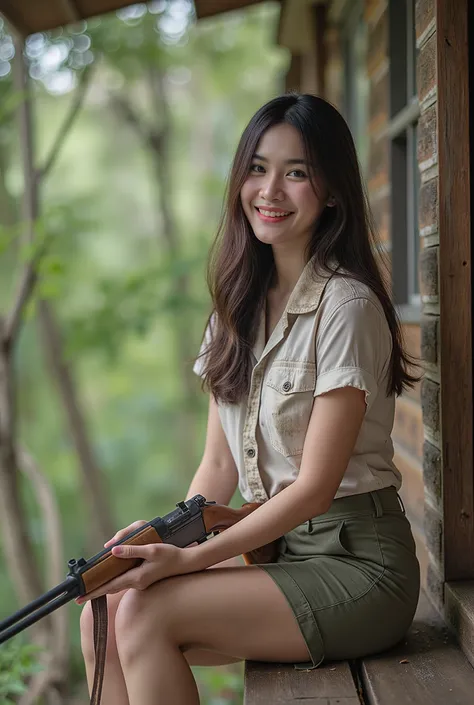 thai actress age 25,smart,beautiful,black long hair,smile,สวมชุดเดินป่า,dirty white shirt, holding hunter riffle,นั่งบนระเบียงไม้ของบ้านต้นไม้,primeval forest,movie picture style