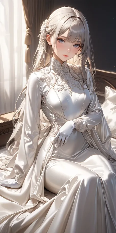  full body photo、 portrait、(Masterpiece, top quality,  super high resolution ),Extremely detailed CG, Japanese woman,(( beautiful face)),(( long sleeve long dress made of shiny white silk satin))、((The dress has a simple design without embellishments))、dra...