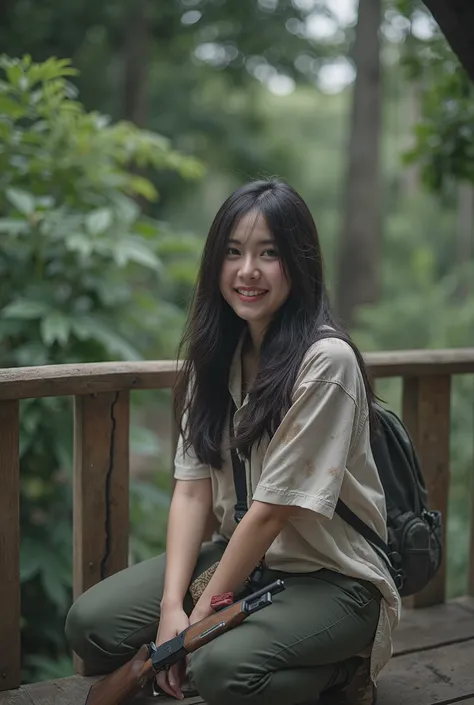 a beautiful 25 year old thai actress,black long hair,warm smile,wearing forest trekking outfit,dirty white shirt,holding hunter rifle,sitting on wooden balcony,primeval forest background,cinematic lighting,movie picture style,high quality,8k,photo-realisti...